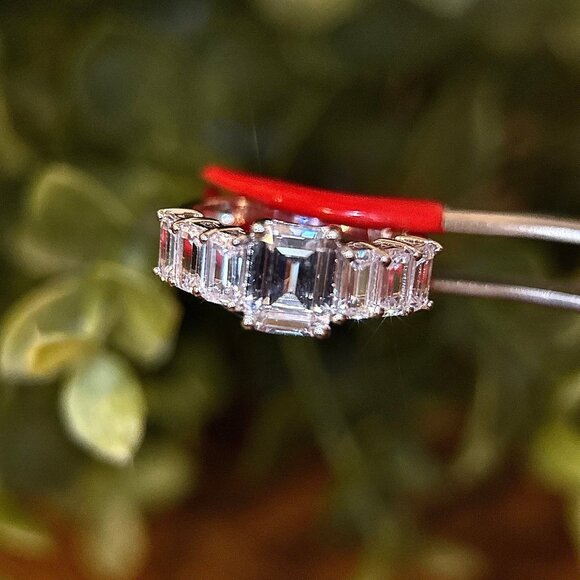 Sparkling 925 Silver Emerald Cut CZ’s Ring - Picture 3 of 10